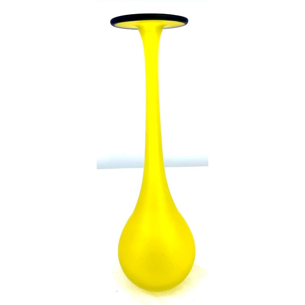 Carlo Moretti Bud Vase Yellow Blue Rim Italy Narrow Long Neck Satin Glass 11.5"
